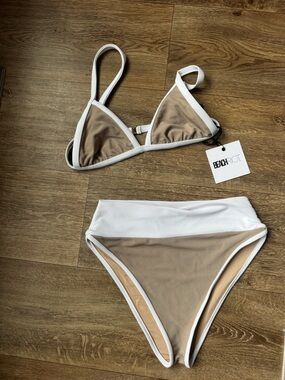 Beach Riot Taupe and White Ribbed High-Waist Bikini Set